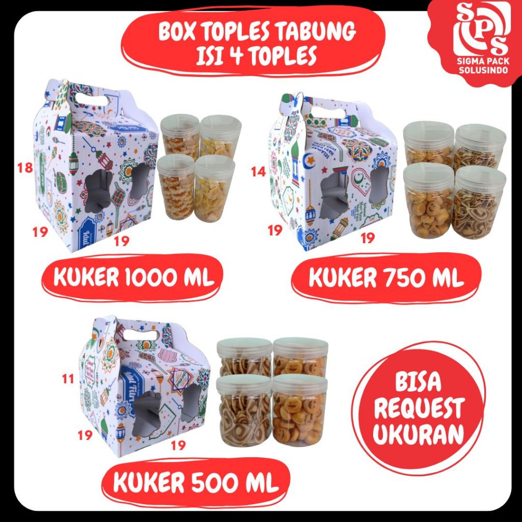 

Box Kuker Jar Isi 4 19x19x18 / 19x19x14 / 19x19x11 Jinjing (KUKER TOPLES JAR 1000ml / 750ml / 500ml) Kardus Kue Kering / Idul Fitri /Hampers / Lebaran / Gable Box Polos/Motif