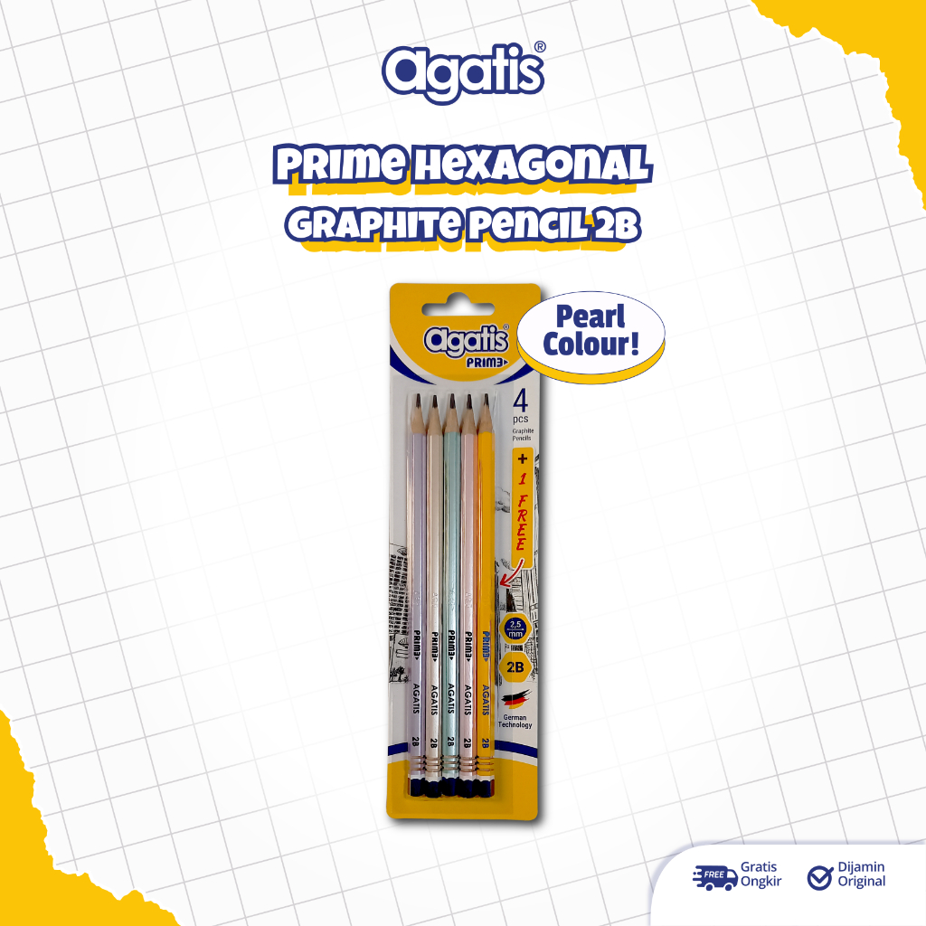 

Agatis Prime - Pensil Tulis 2B Green Natural Yellow Neon Pastel Metalic Pearl Blister Isi 5 Pcs - Set 5 pcs
