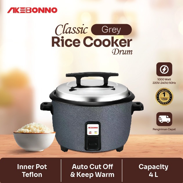 AKEBONNO - Classic Electric Rice Cooker Drum 4 Liter 1000 Watt Grey