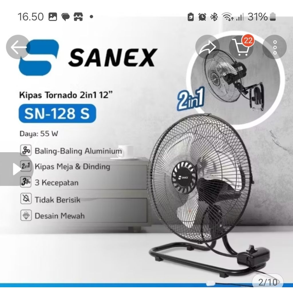 SANEX  Kipas Angin Meja Dinding 2in1 Tornado Sanex 12 in SN 128S Desk