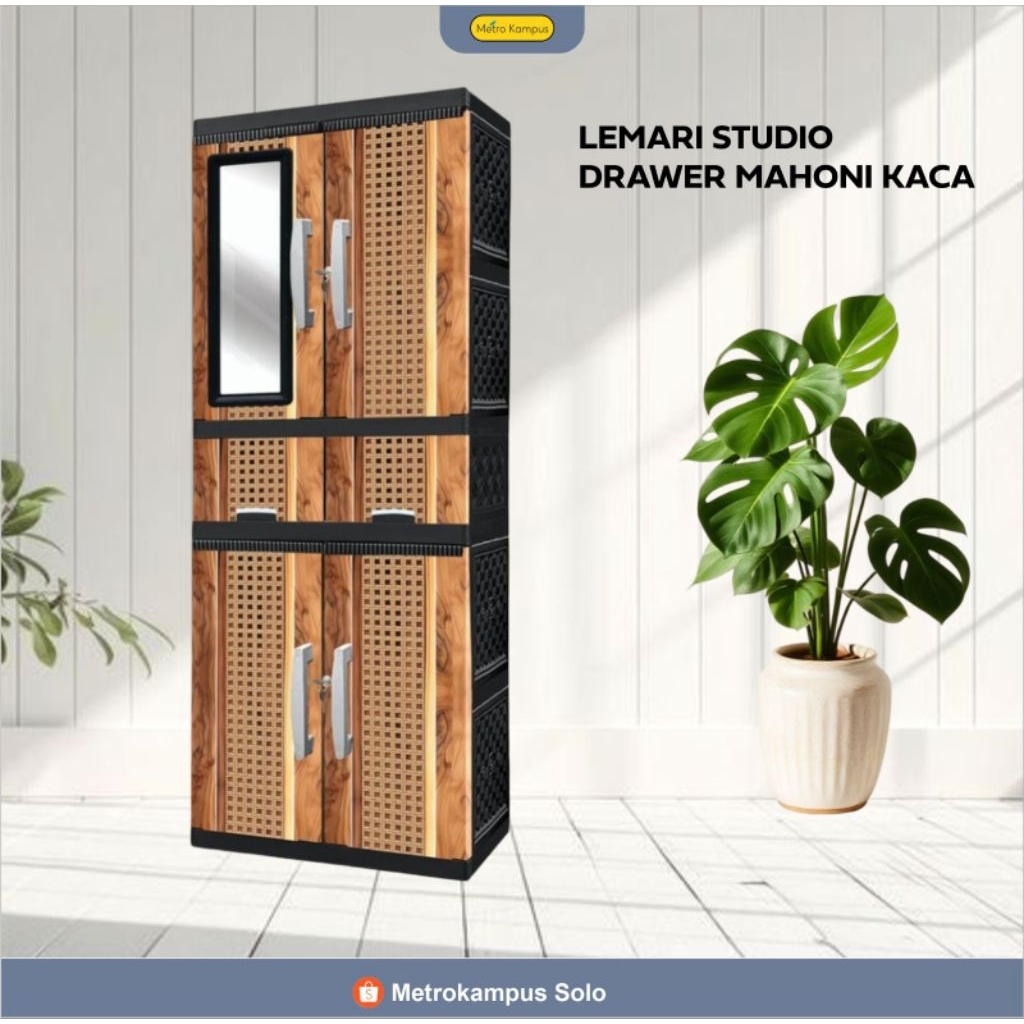 LEMARI STUDIO DRAWER MAHONI KACA/LEMARI PAKAIAN/LEMARI GANTUNG DAN SUSUN