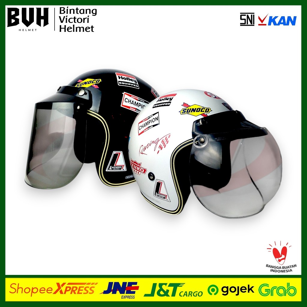 Helm Bogo Motif Stiker - BG Racing SNI Bogo Retro Half Face Pria Wanita Dewasa