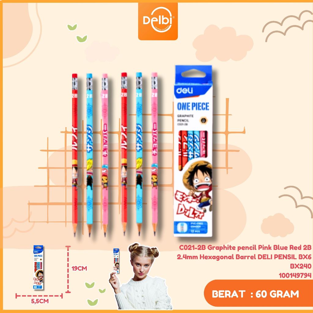 

Deli One Piece Graphit Pencil / Pensil Kayu Grafit 2B Lucu Kartun One Piece Free Penghapus 12 Pcs / Box EC021-2B C021-2B Graphite pencil Pink Blue Red 2B 2.4mm Hexagonal Barrel