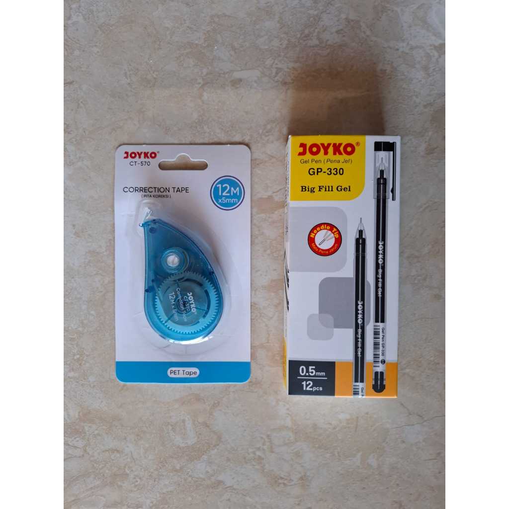 

COD [ PAKET HEMAT ] 1 PACK Gel Pen Pulpen Bolpen Joyko GP-330 Big Fill Gel 0.5 mm & JOYKO 1 PCS Tipex Kertas / Correction Tape 12 meter CT-570