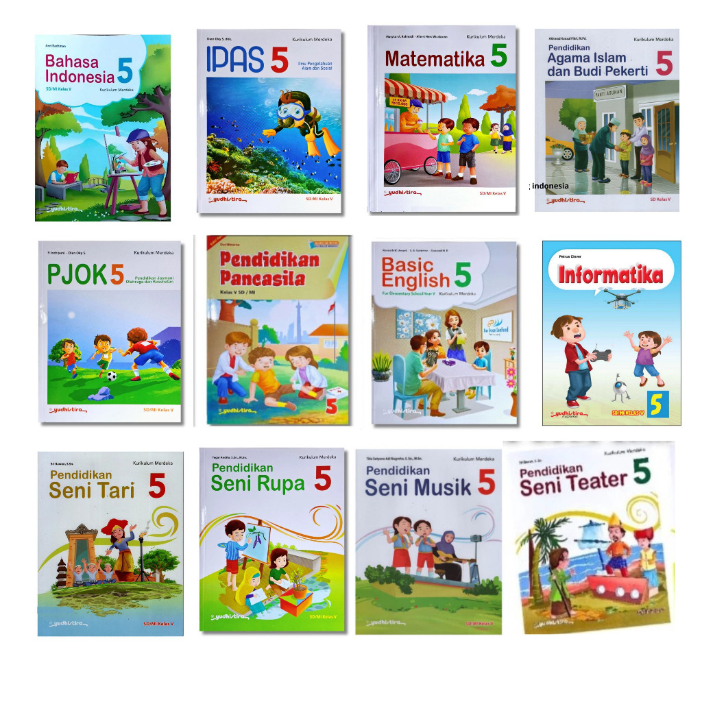 Buku kelas 5 SD kurikulum merdeka yudhistira ipas matematika basic english pancasila pjok seni tari 