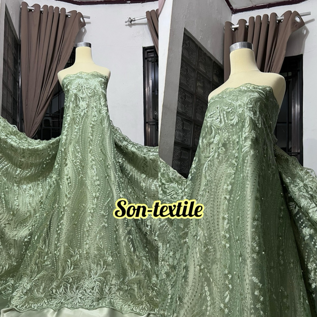 Kain Tile Bordir Pinggiran Mutiara/Tile bordir mutiara/Harga per 0,5 meter