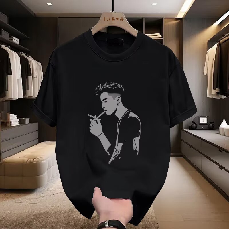 2025 high-end cahaya mewah dalam kaos lengan pendek pria musim panas baru merokok cetak fashion serb