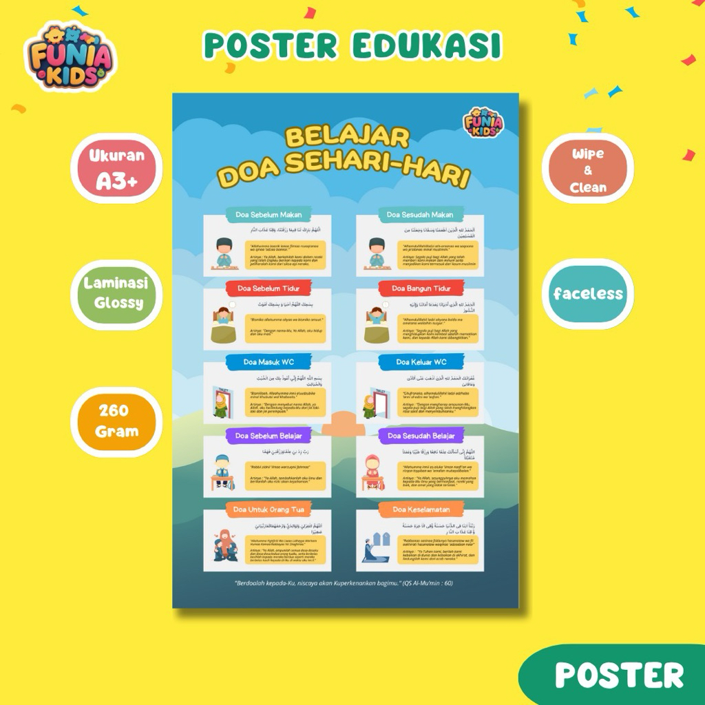 FUNIAKIDS POSTER EDUKASI ANAK, BELAJAR MEMBACA DOA UNTUK SEHARI-HARI