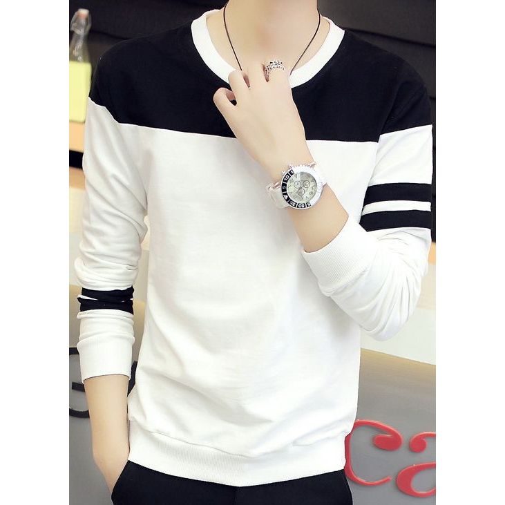 sweater lengan strip garis hitam putih sweater polos flecee jaket outer unik lengan panjang sweater 