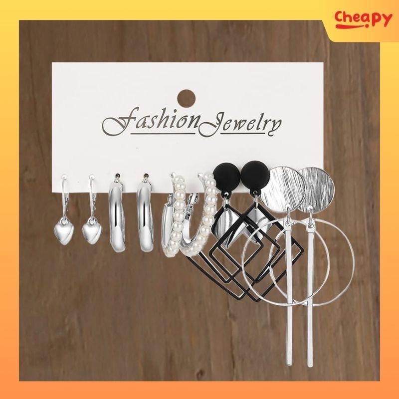 Anting Set Mutiara Korea 5 Pasang Hoop Silver Geometris Hitam Untuk Wanita Cheapy