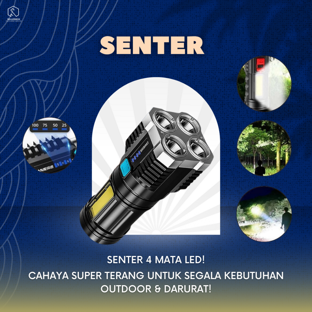 senter led 4 mata 4 mode cob light rechargeable waterproof fast charging super terang jarak jauh sen