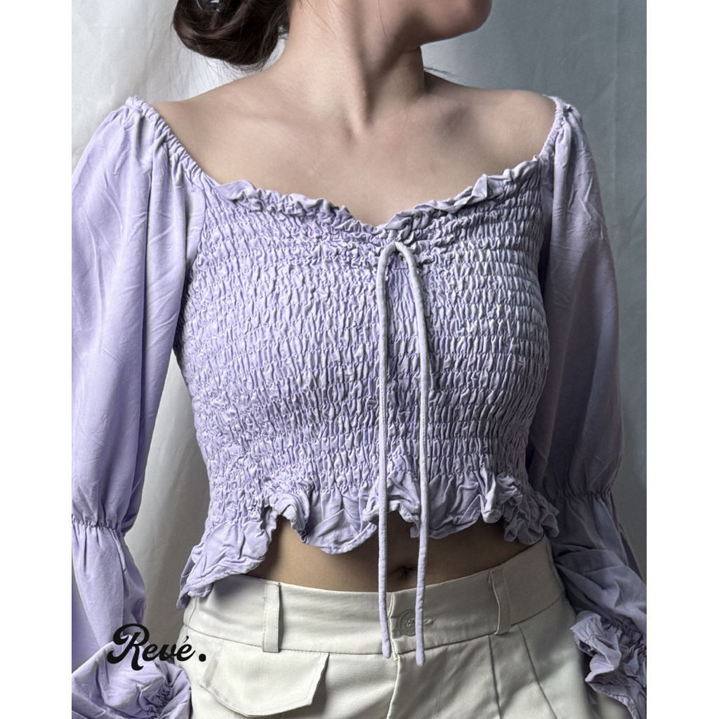 crop top lilac sexy, crop top lengan panjang, crop top karet dada, crop top sabrina style, crop top 