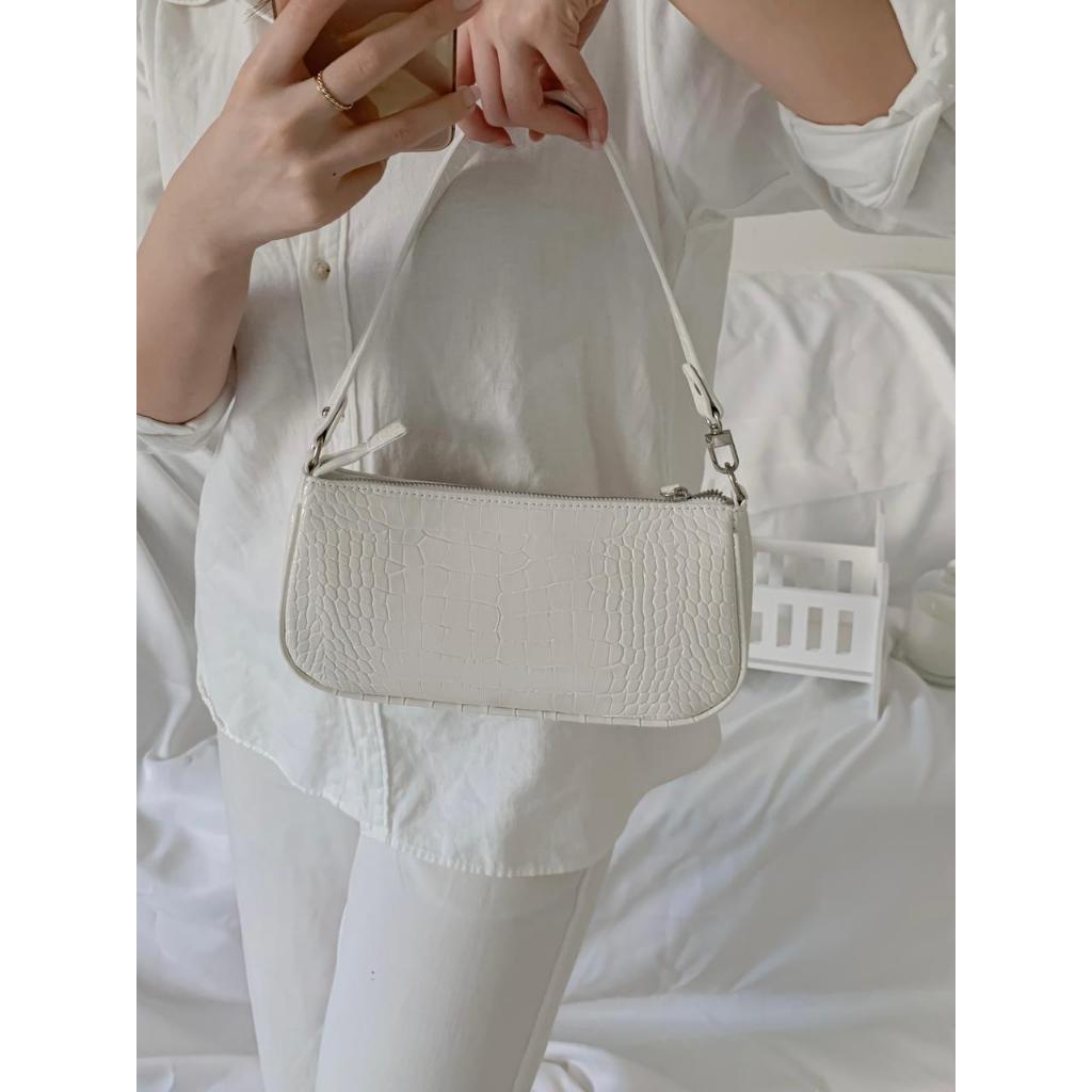 GSS - SICOUL Tas Tangan Putih Vintage Elegan Ukuran Kecil dengan Resleting, Bisa Jinjing & Selempang