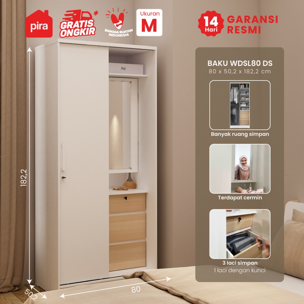 PIRA METROPOLIS -  BAKU WDSL80 DS Lemari Pakaian Pintu Sliding dengan Meja Rias