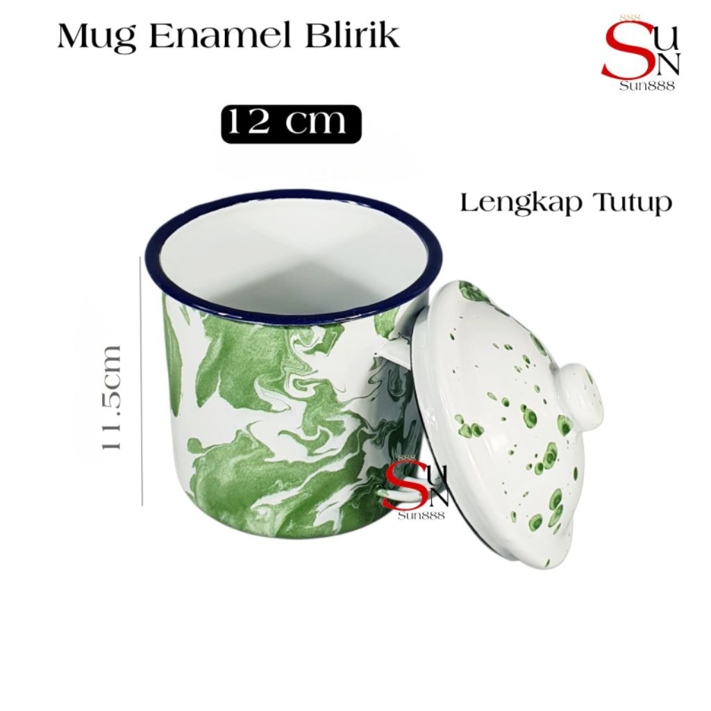Gelas Jadul Hijau Cangkir Enamel Blirik Kecil 12cm Mug Jadul Lurik Termasuk Tutup
