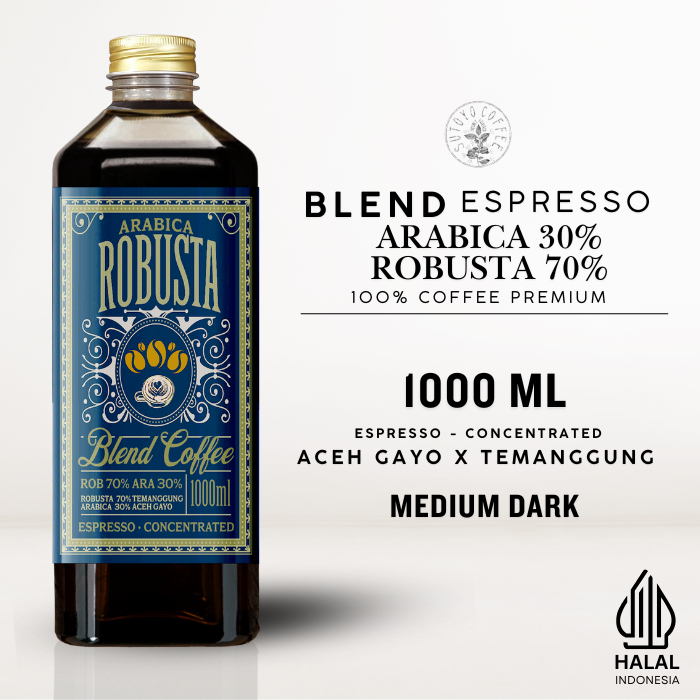 

Kopi Konsentrat Kopi Blend Arabika 30% Robusta 70% Espresso Cair 1000 ML | Konsentrat Kopi Espresso | Es kopi susu | americano| Temanggung | Aceh gayo | Medium Dark Roast - Sutoyo coffee
