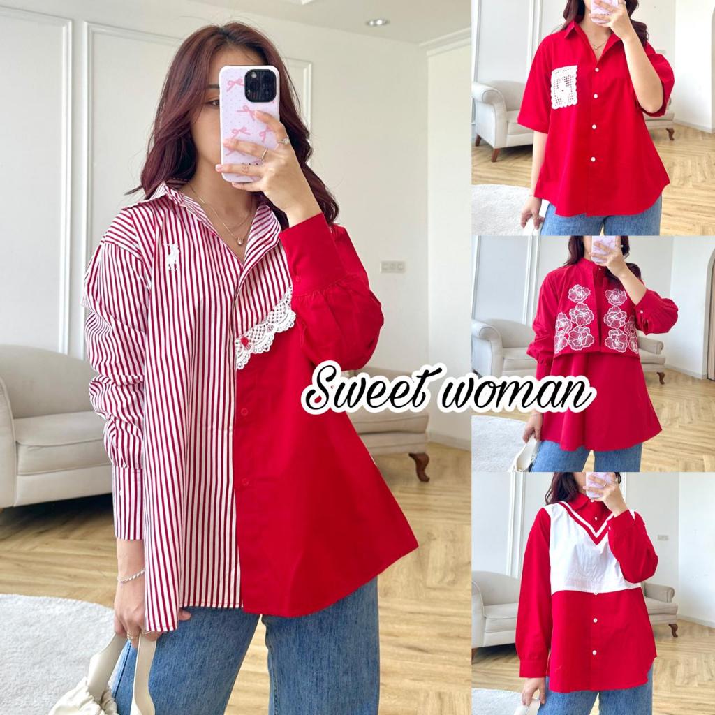 Sweet woman - kemeja merah putih katun poplin bordir bunga brukat bunga Series 3