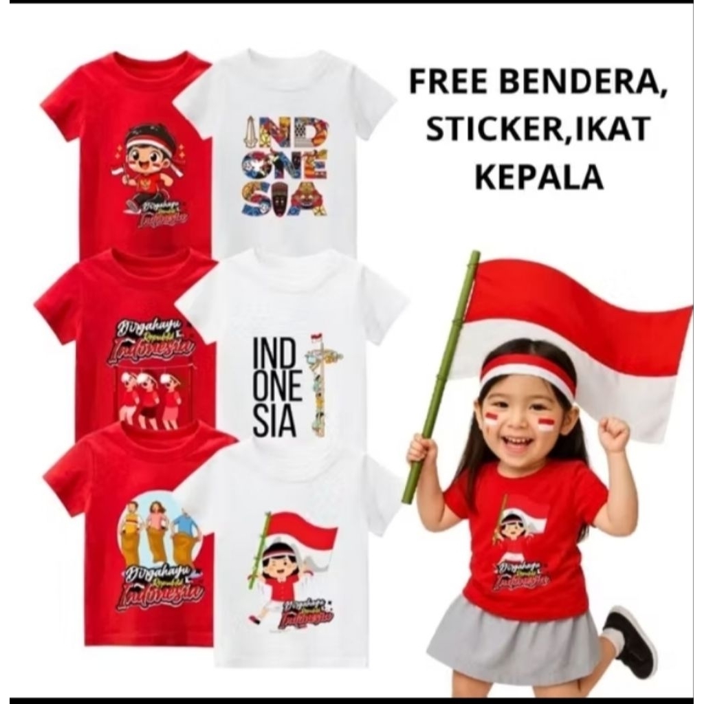 kaos anak cowo cewe merah putih buat 17 agustus kemerdekaan bahan katun kombed 30s