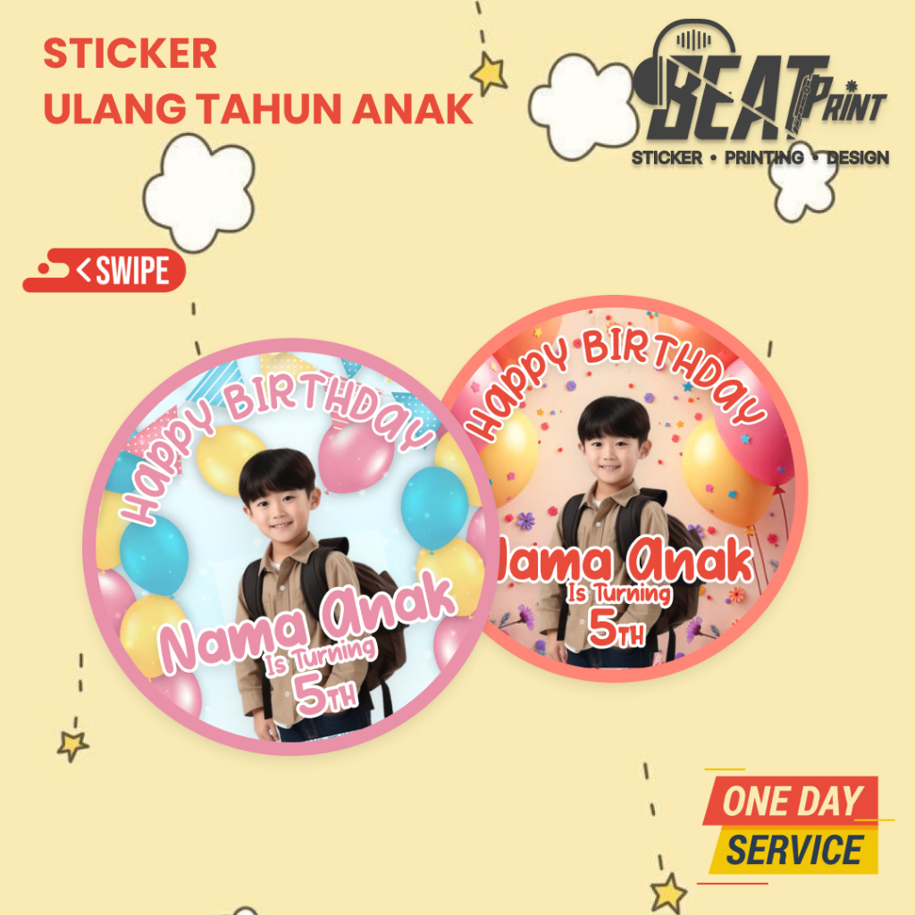 

Stiker Ulang Tahun Anak Custom — Untuk Bingkisan / Hampers / Goodie Bag | Desain Lucu | Beat Print