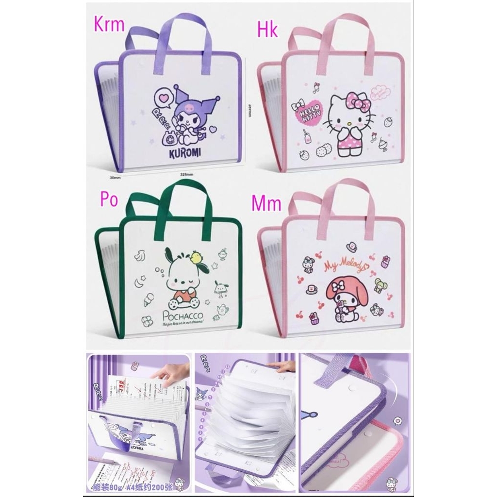 

TAS MAP FOLDER ORGANIZER KERTAS A4 MODEL TENTENG ADA 12 SEKAT MOTIF ANAK SANRIO KUROMI MELODY POCHACCO HELLO KITTY
