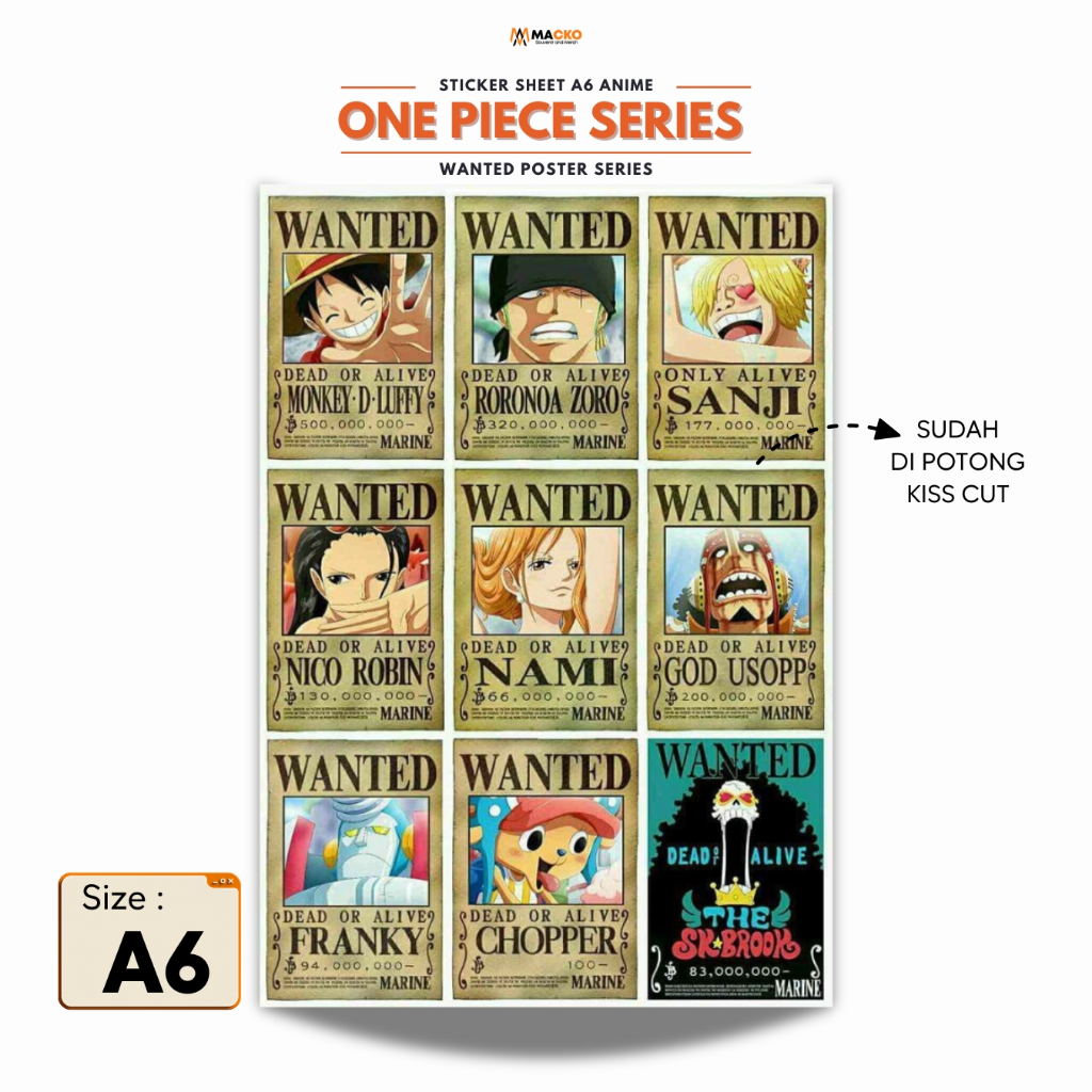 

Sticker Sheet A6 Anime One Piece Wanted Poster | Polyposter Glossy HD | Tebal Anti Air Cutting Rapi