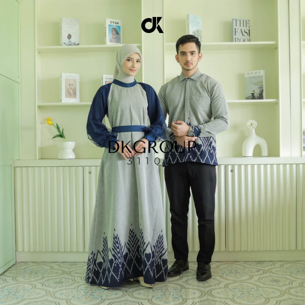 [READY STOCK] Set couple syahira grey navy kemeja pria dan dress wanita, gamis kondangan ethnic, cou