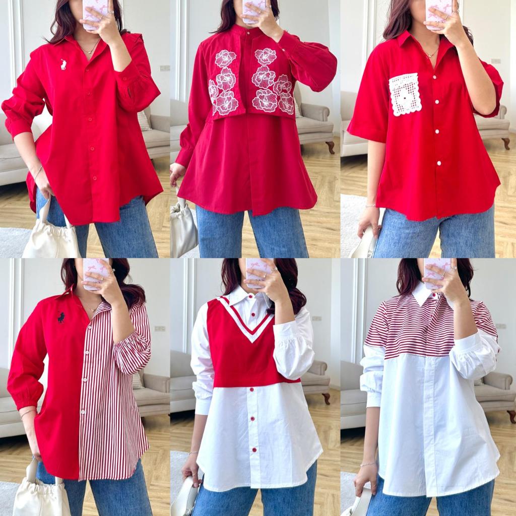 MBO ATASAN KEMEJA MERAH PUTIH MODEL TERBARU 2025 KATUN POPLIN BORDIR BROKAT BUNGA