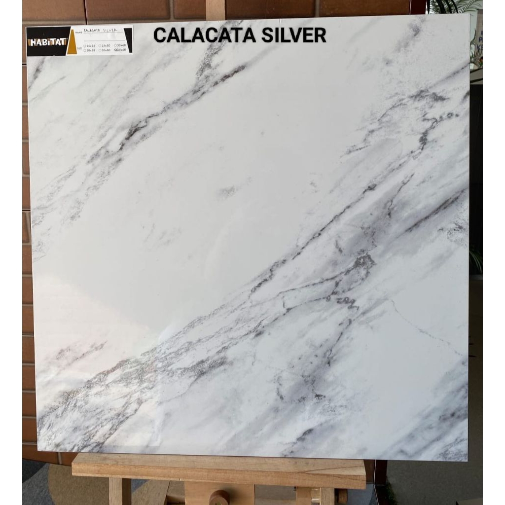 keramik cutting lantai 60x60 Calacata silver glossy brand habitat