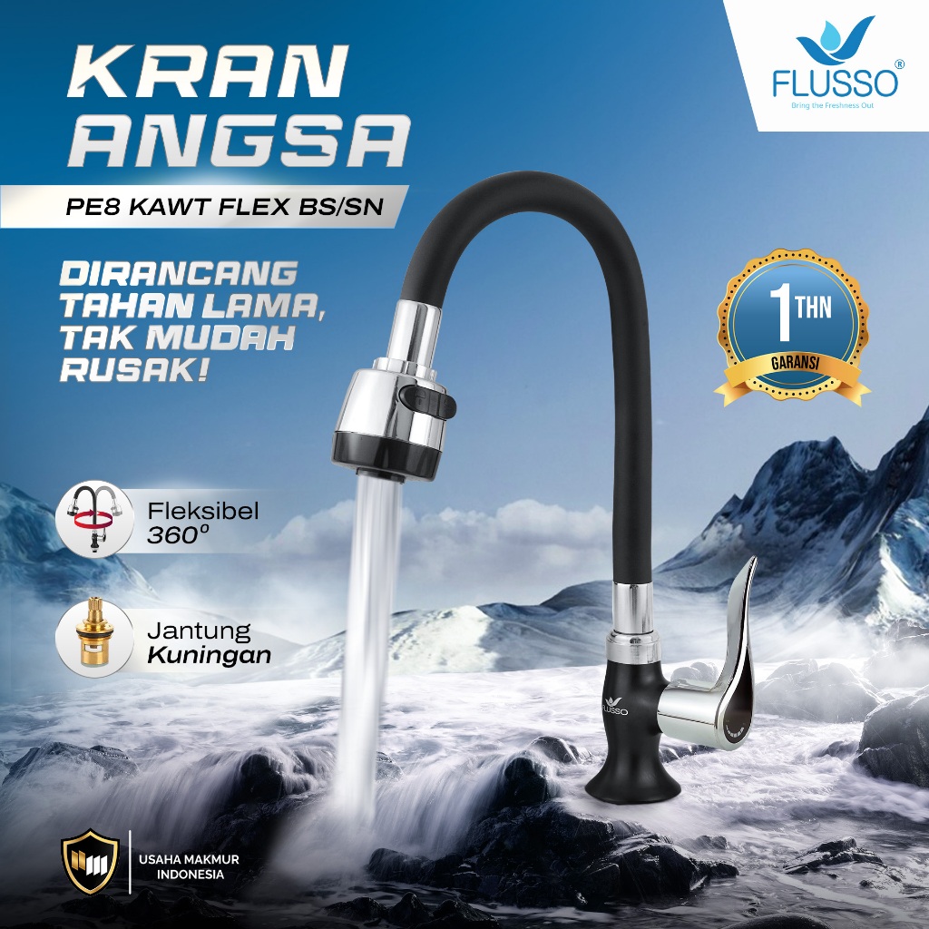 Flusso Kran Angsa Wastafel Flexible Kran Bak Cuci Piring Stainless Black Flusso 2863