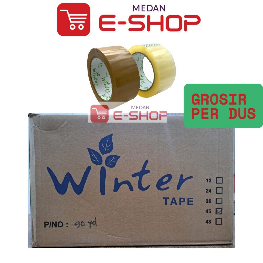 

Grosir LAKBAN /SELOTIP / SELASIBAN Winter 45 MM x 90 YARD ( 1 dus isi 72 PCS )