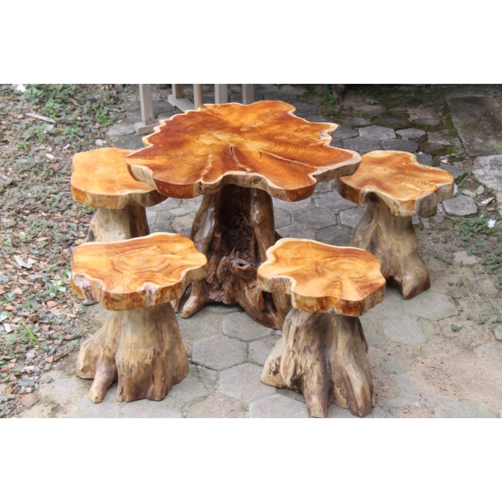 meja kursi jamur akar bahan kayu jati