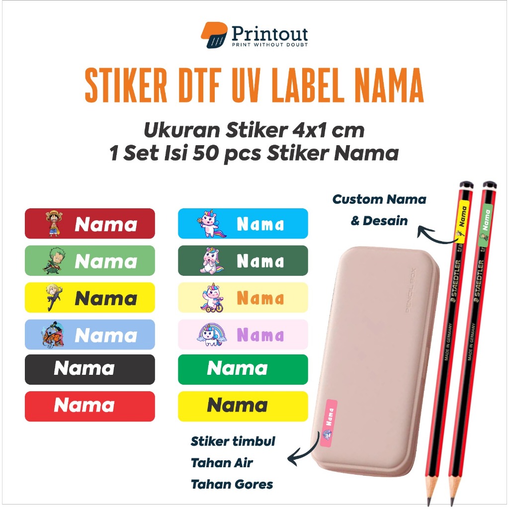

Printout Stiker Nama Anak Sekolah Custom DTF UV Tahan Air | Label Nama Barang Anak Lucu Anti Luntur