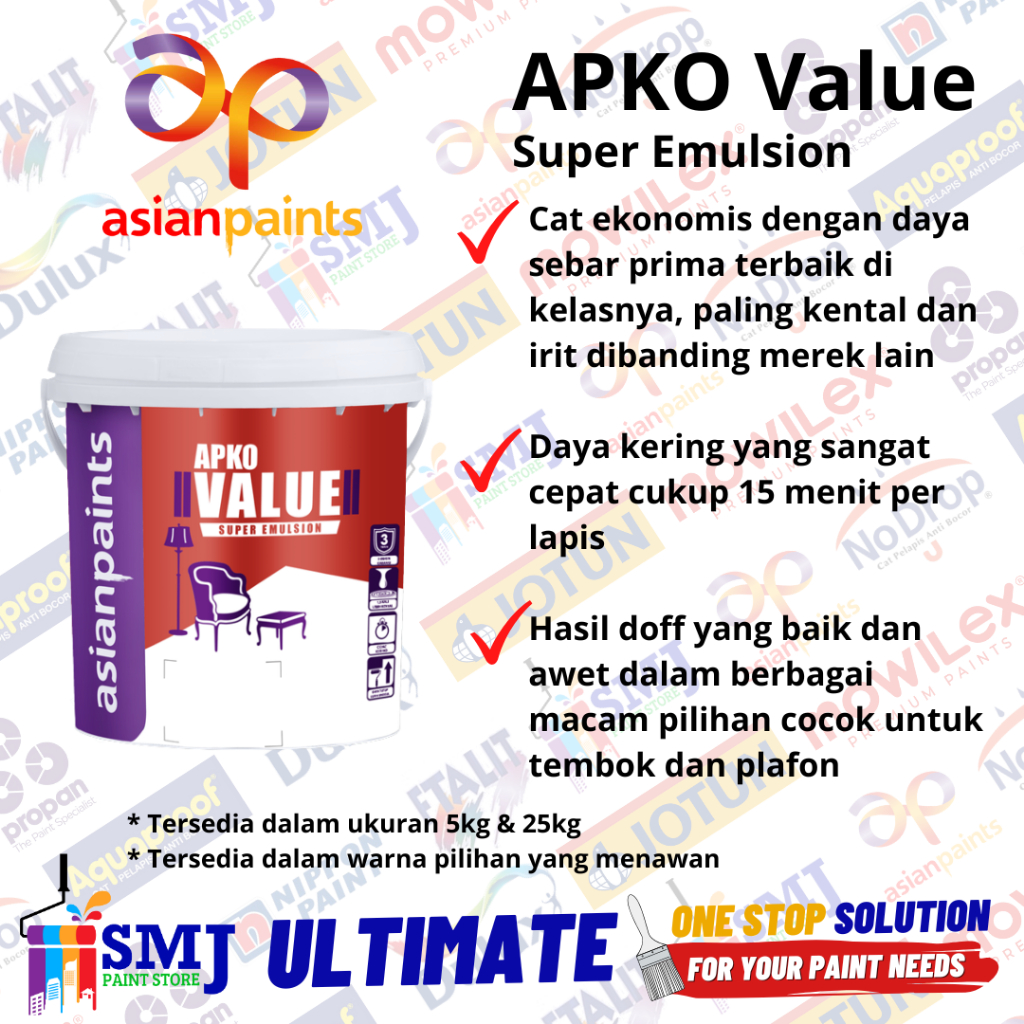 CAT TEMBOK PLAFOND INTERIOR APKO VALUE SUPER EMULSION DARI ASIAN PAINTS 25 KG