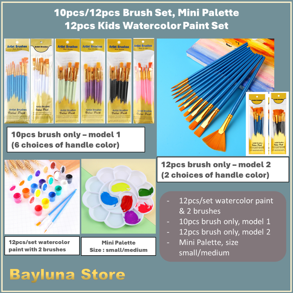 

Bayluna | 10 Buah atau 12 Buah/Set Kuas Lukis Cat Minyak Nilon atau 12pcs/set Cat Air Akrilik paint Lukisan Seni atau Mini Palette Size Small or Medium