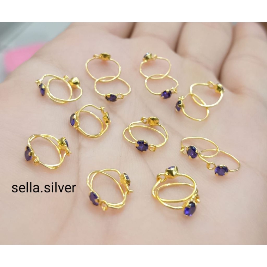 ANTING KENIP ANAK PERMATA UNGU PERAK 925 ASLI LAPIS MAS