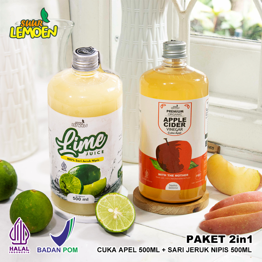 

Suur Lemoen Paket Bundling Cuka Apel 500ml + Sari Nipis 500ml Murni Asli 100% Untuk Diet