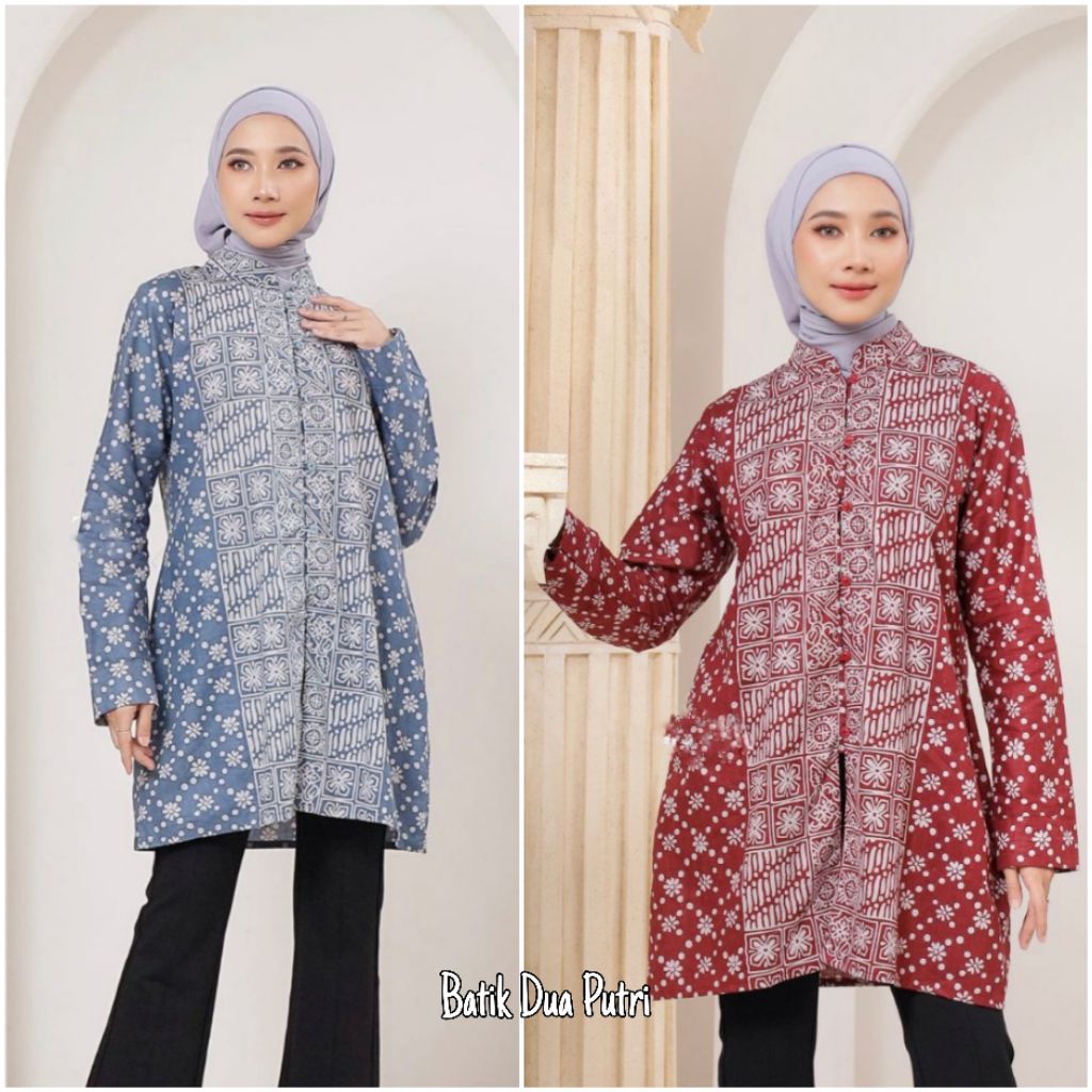 Baju Batik Tunik Wanita Modern Lengan Panjang Atasan Batik Kantor Wanita Kancing Depan M L XL XXL