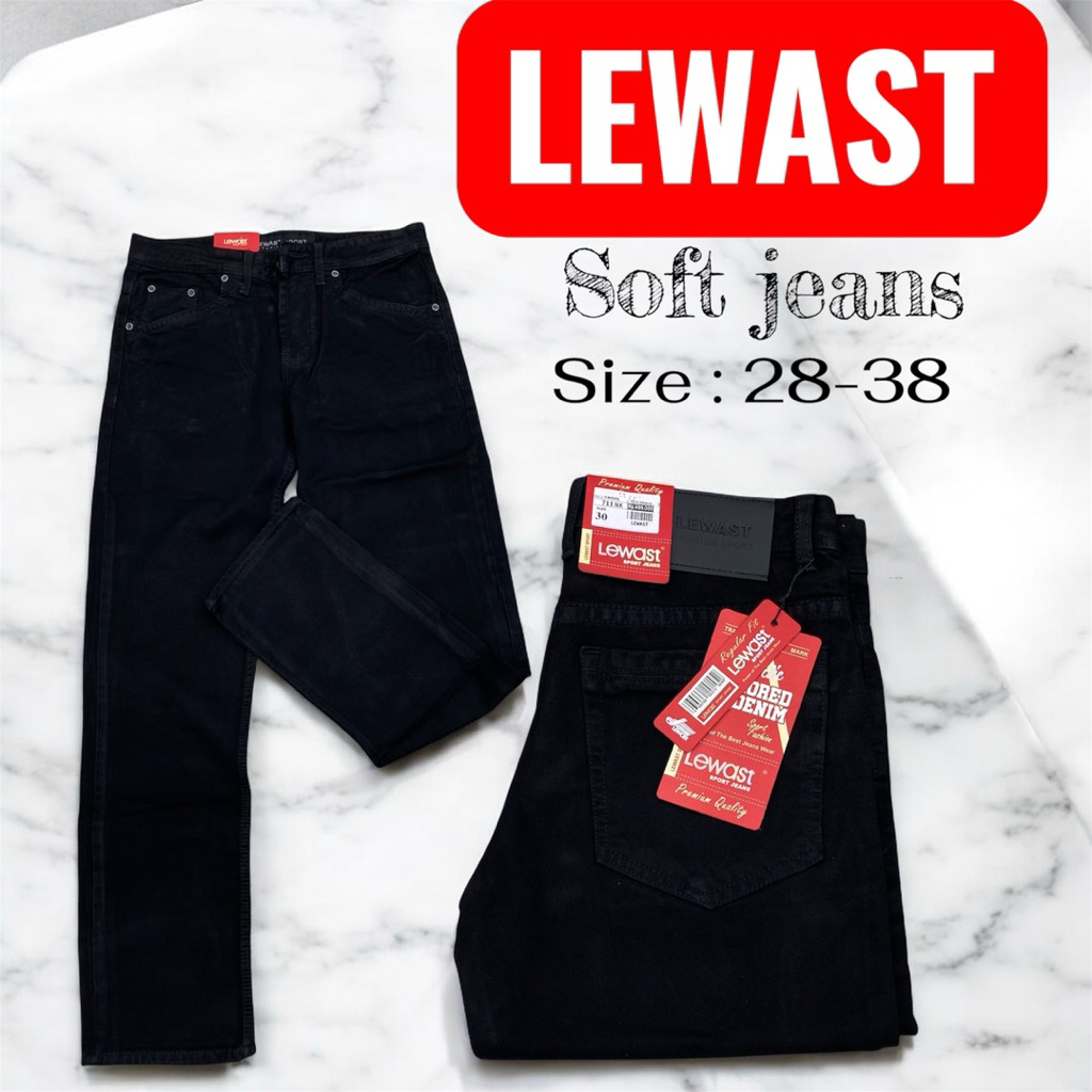 Celana panjang pria LEWAST pola reguler ( standar ) bahan SOFT JEANS (lembut)  hitam pekat bisa COD