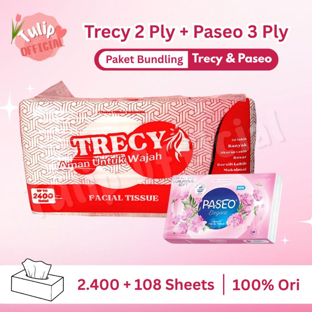 (PAKET BUNDLING) Tisu Tissue Facial TRECY 1200 Sheets 1 Kg + Tissue Facial PASEO 108 Helai  3 Ply