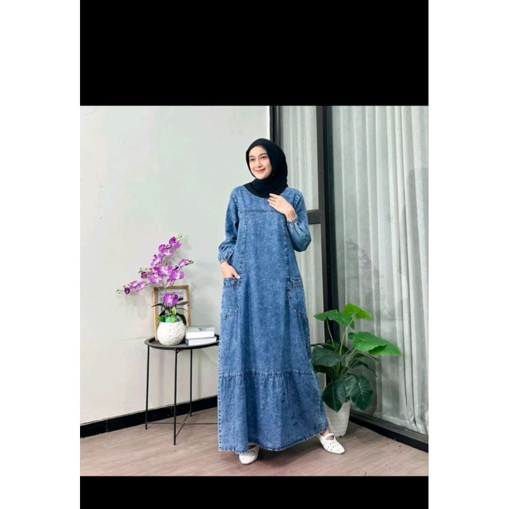 Gamis jeans susun bawah non busui rempel resleting terbaru wanita