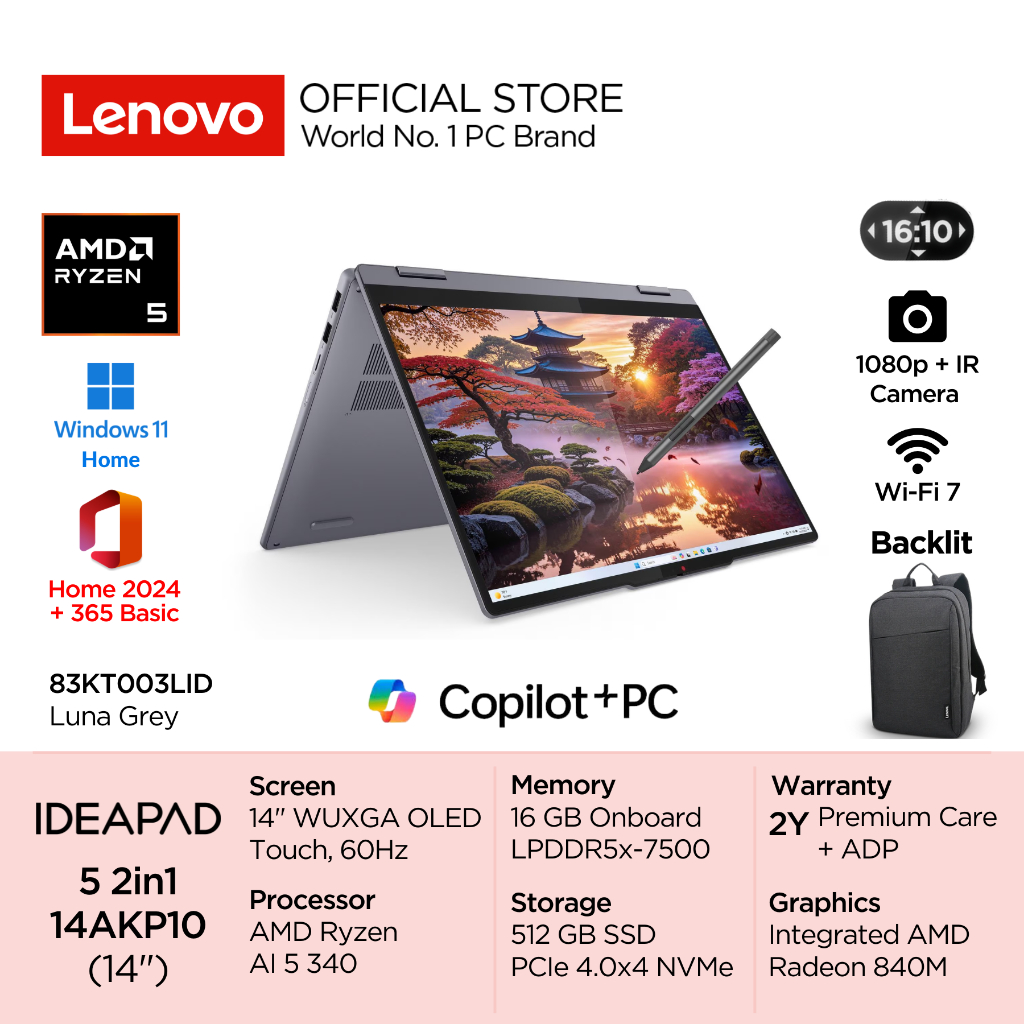 Lenovo IdeaPad 5 2in1 14AKP10 AMD Ryzen AI 5 340 Win11 16GB 512GB SSD 14" WUXGA OLED Touch 60Hz 100%
