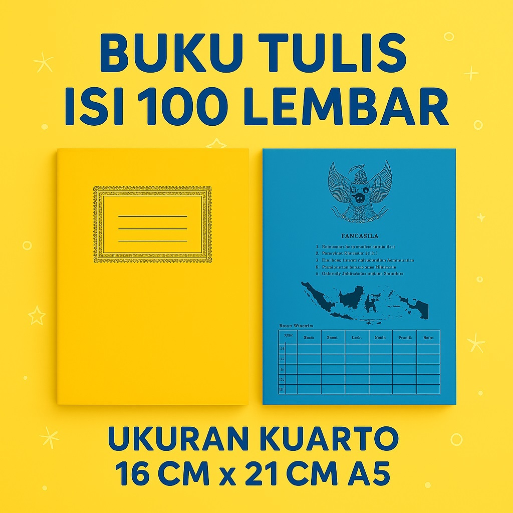 

Buku Tulis Sekolah 100 Lembar – Ukuran Kuarto A5 (16 x 21 cm) – Cover Pancasila & Jadwal Pelajaran