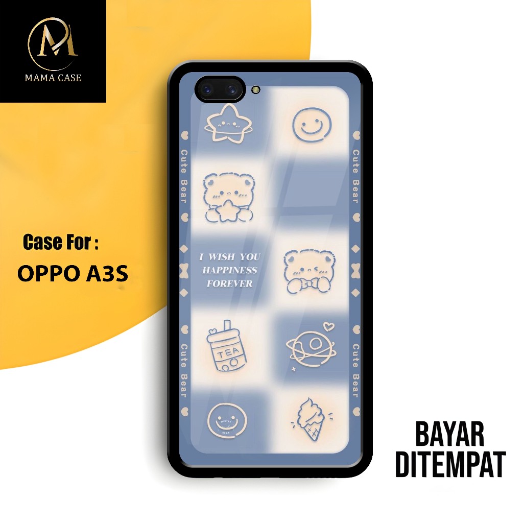 Casing Hardcase OPPO A3S A1K F5 F7 F9 A5S A12 REALME C1 C2 Case Glossy Kaca Motif Bear Kotak Lucu
