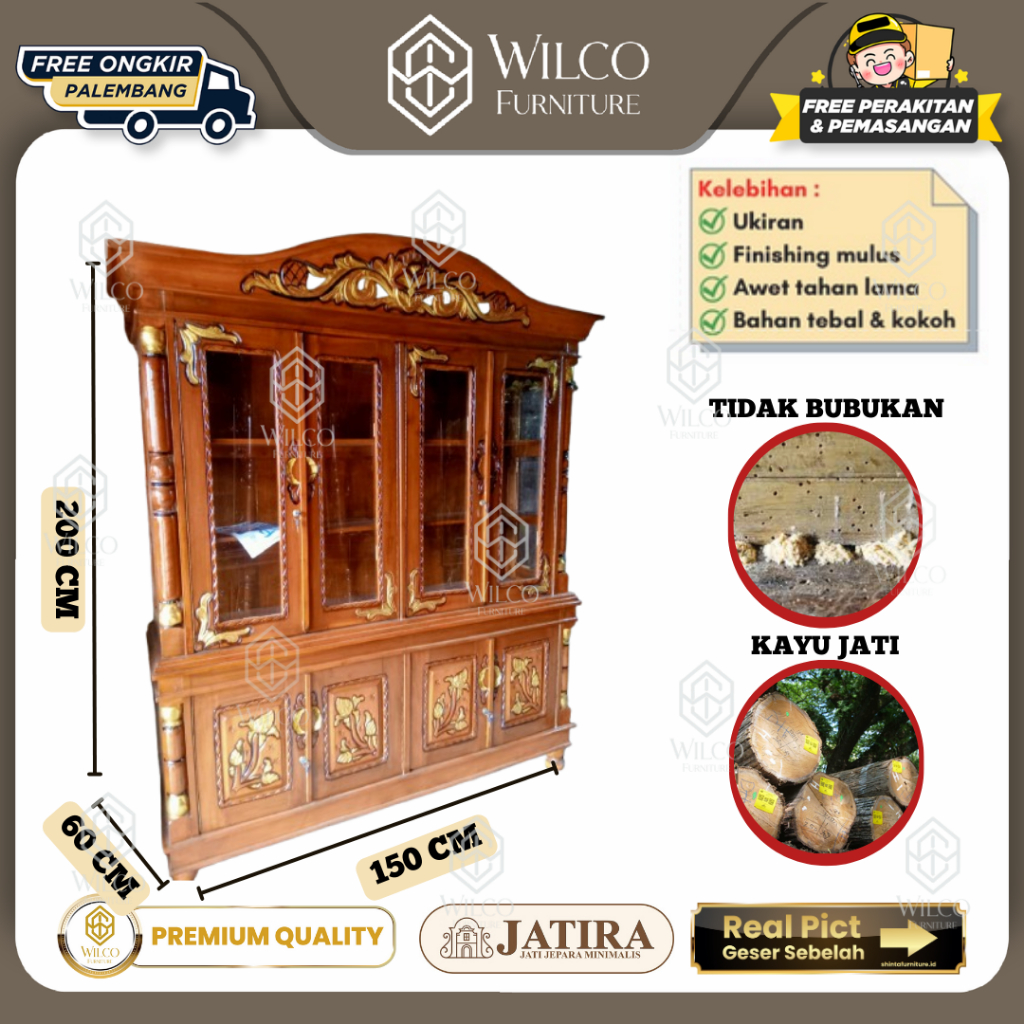 Buffet Hias Jati Jepara 4 Pintu | Lemari Pajangan JATIRA Hias | Lemari Jati Murah Palembang