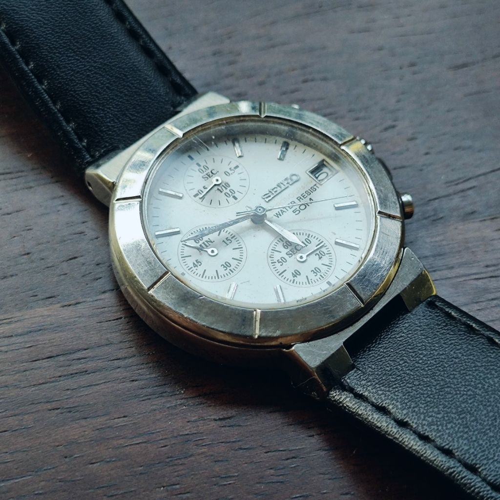 Seiko Chronograph 50m White Dial Jam Tangan Vintage