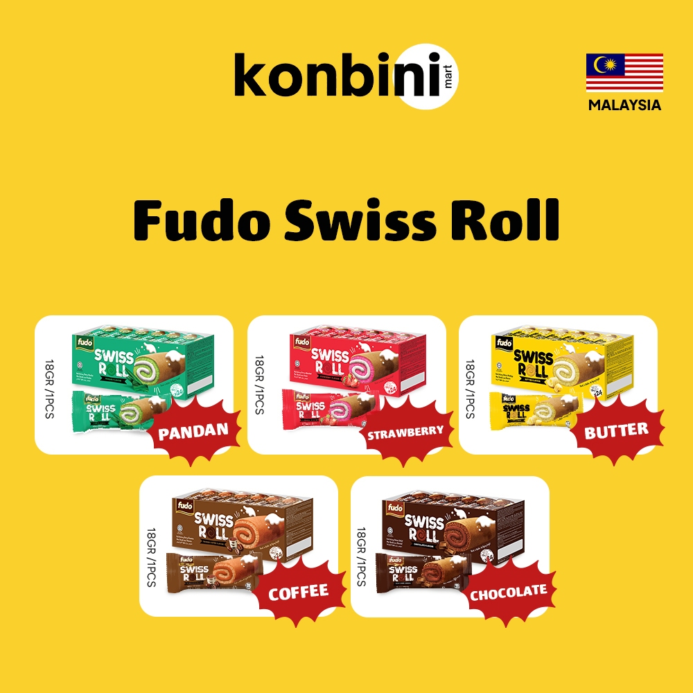 

KONBINI MALAYSIA - Fudo Swiss Roll 1 box (24 pcs @18gr) Pandan Coklat Strawberry Butter Tiramisu