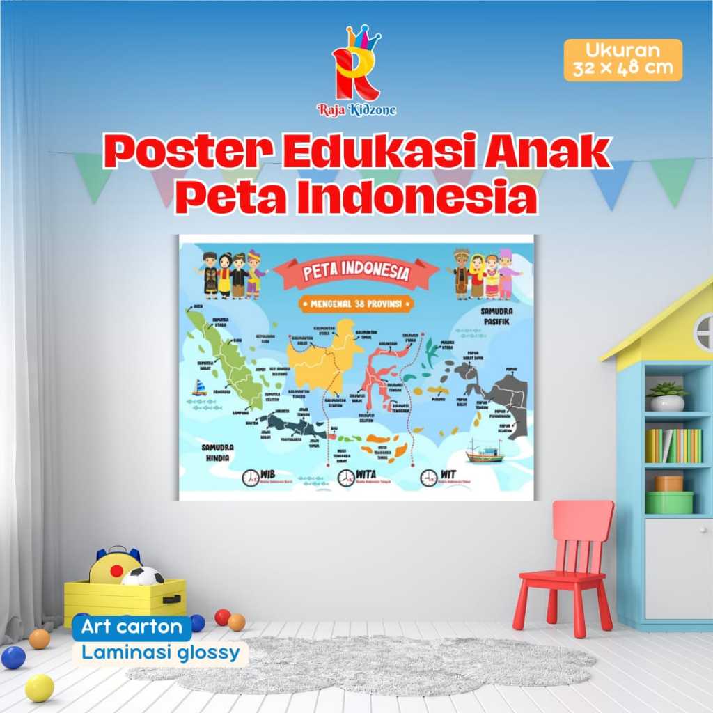 Poster Edukasi Peta Indonesia | Peta Edukasi Anak Usia SD Ukuran A3+ by Rajakidzone