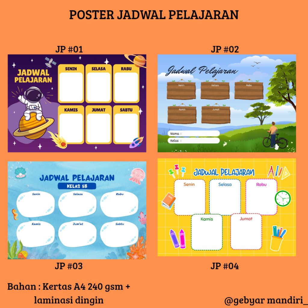 

Poster Jadwal Mata Pelajaran Sekolah Anak Anak | Uk A4 + Laminasi dingin