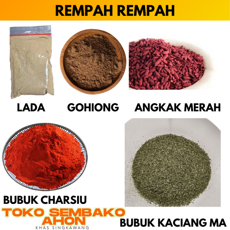 

Lada 50gr | Lada 100gr | Merica 100gr | Lada Hitam 50gr | Ketumbar 80gr | Kaciang Ma 50gr | Bubuk Kunyit 110gr | Bubuk Jahe 130gr | Bubuk Casio x3 | Kemiri 100gr | Cabe Keriting 125gr | Go Hiong x3 | Angkak Merah 100gr