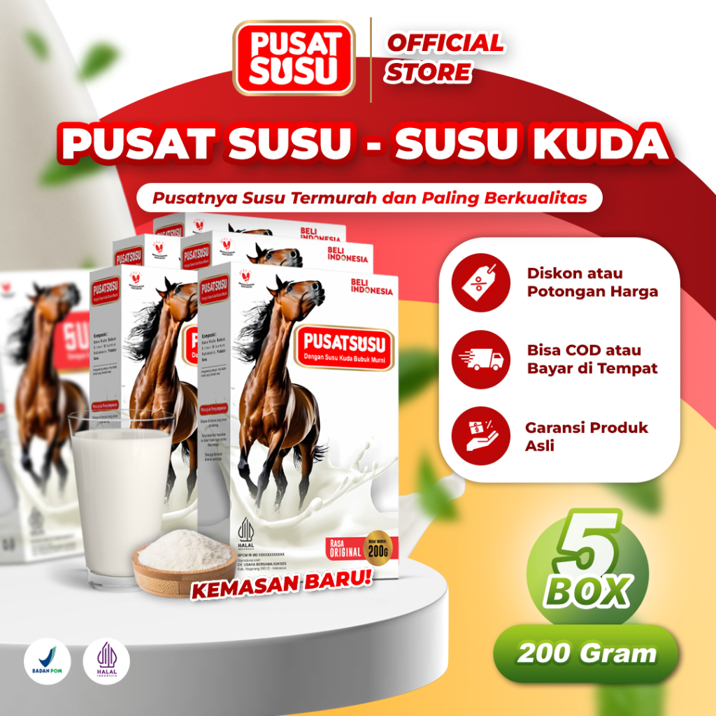 

PUSAT SUSU - SUSU KUDA Paket 5 Box Susu Bubuk Kuda Liar Lombok Original Kolostrum 200 Gram